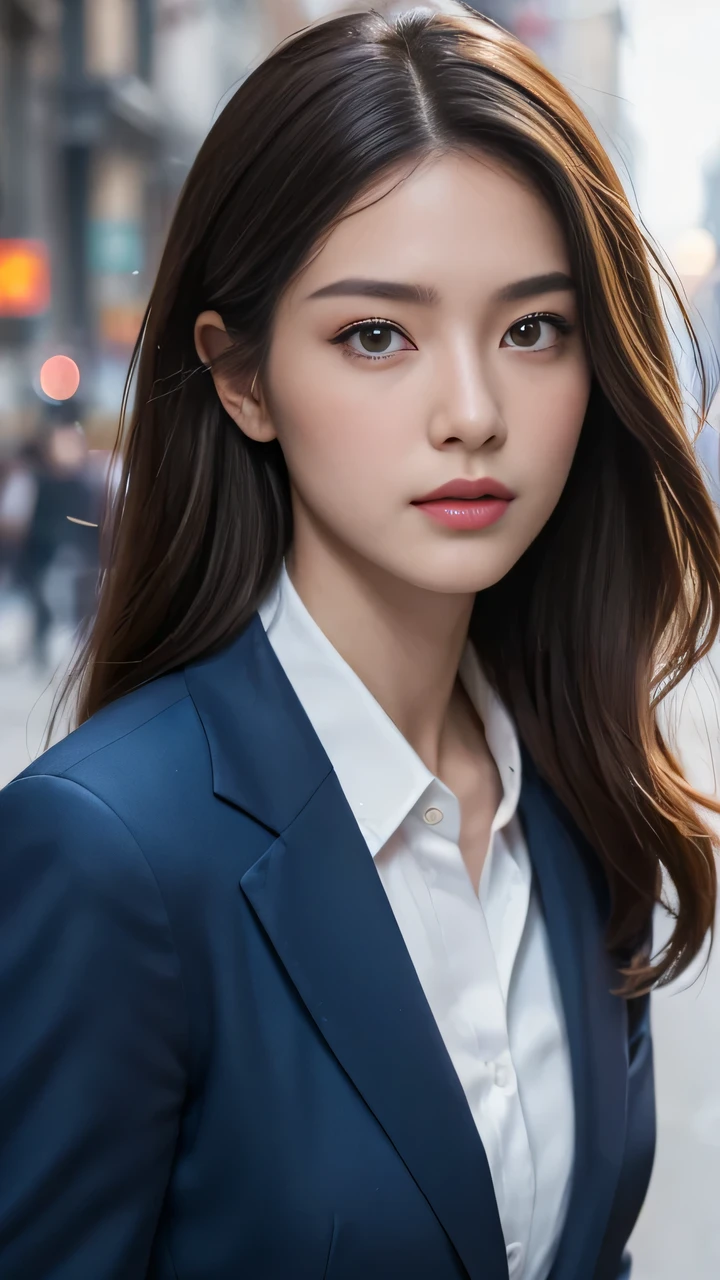 ((Top quality, 8K, masterpiece: 1.3)), Upper Body, Beautiful woman, Single Ladies, fit: 1.1, Dark brown hair, Blue Suit, Super detailed face, Detailed lips, delicate eyes, Double eyelids, on the street