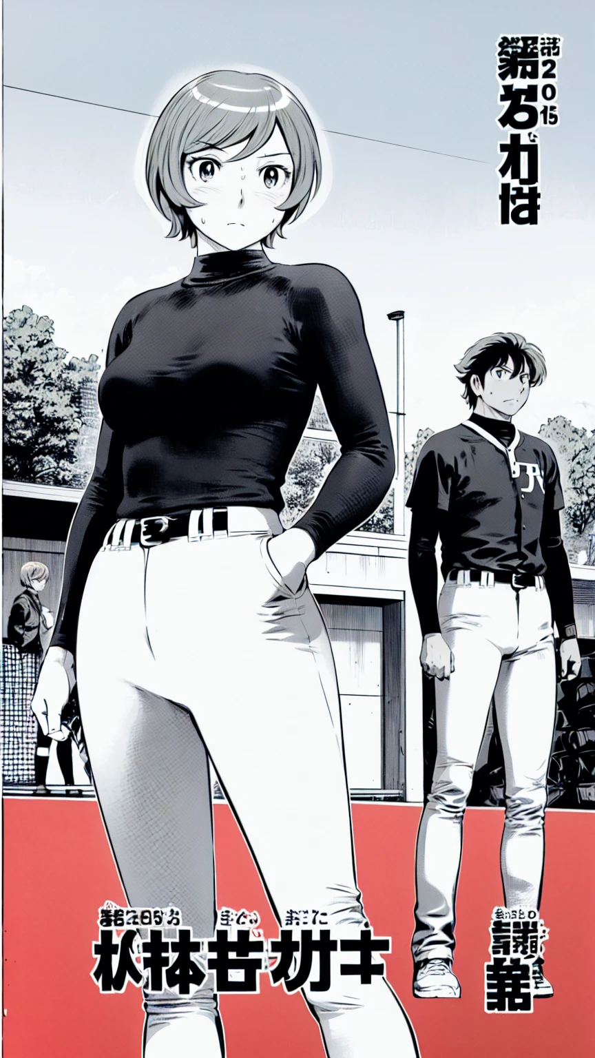 (野球uniform:1.2),
Blonde Hair, (short hair:1.2),Long sleeve, Black Shirt, turtleneck,White trousers、uniform、Black belt、((Illustration of people))、Big Boobs、
View Audience,, (Highest quality:1.3),One Girl, White pants、uniform、Outdoor、baseball ground、ground、soil、blue eyes、Tight black shirt、(masterpiece、Highest quality)、Highest quality, Ultra-high resolution, (((masterpiece))), alone, Sweat、Big eyes、Big Breasts、One Girl, Front view、Embarrassed face、Bronze colored hair、((short hair))、Stand up straight