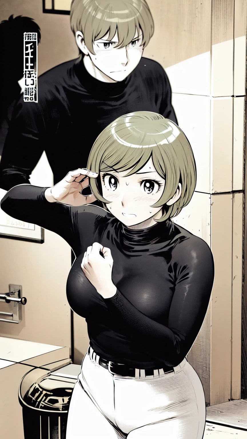 (野球uniform:1.2),
Blonde Hair, (short hair:1.2),Long sleeve, Black Shirt, turtleneck,White trousers、uniform、Black belt、((Illustration of people))、Big Boobs、
View Audience,, (Highest quality:1.3),One Girl, White pants、uniform、Outdoor、baseball ground、ground、soil、blue eyes、Tight black shirt、(masterpiece、Highest quality)、Highest quality, Ultra-high resolution, (((masterpiece))), alone, Sweat、Big eyes、Big Breasts、One Girl, Front view、Embarrassed face、Bronze colored hair、((short hair))、Stand up straight