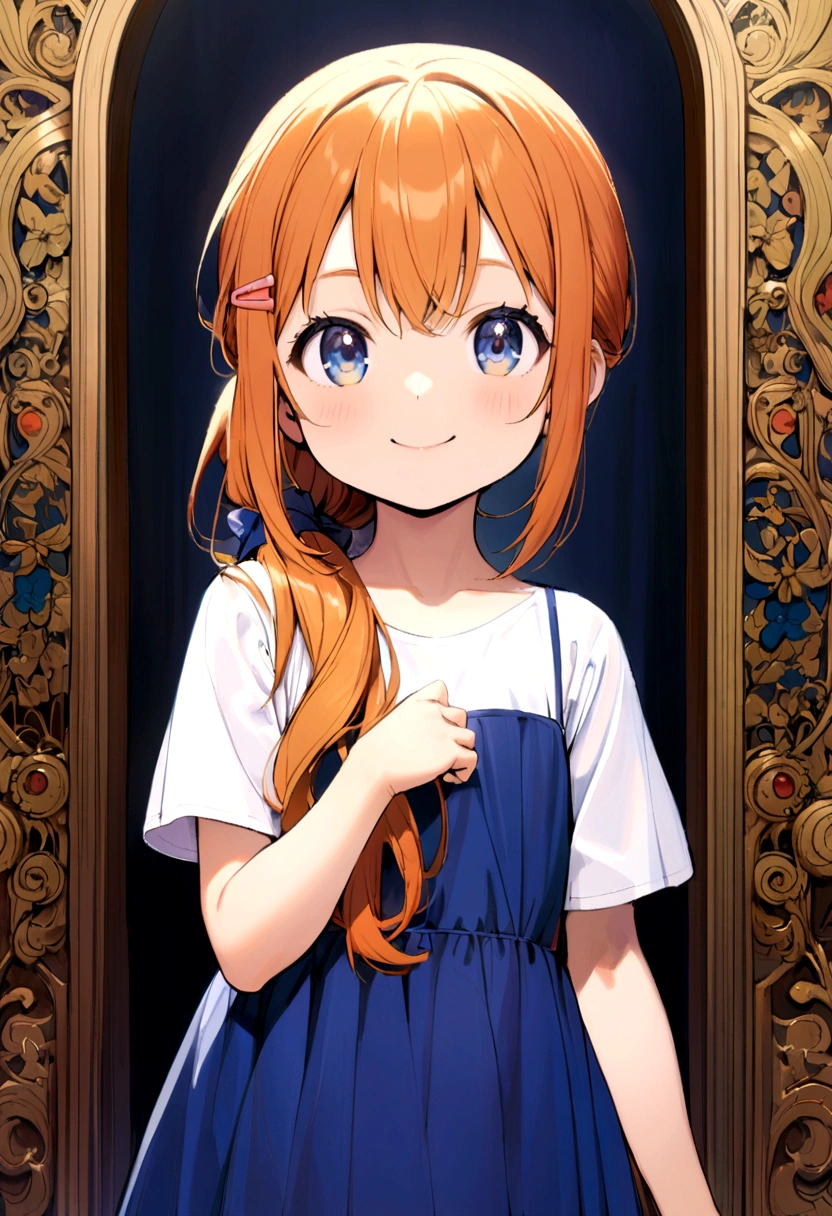 6  girl, orange hair, shoulder length ponytail, pink clip, dark blue eyes, blue spaghetti strap dress, white t-shirt inside. smiling