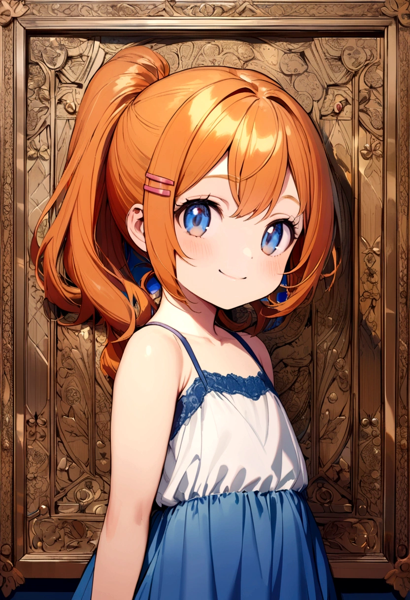 6 year old girl, orange hair, shoulder length ponytail, pink clip, dark blue eyes, blue spaghetti strap dress, white t-shirt inside. smiling