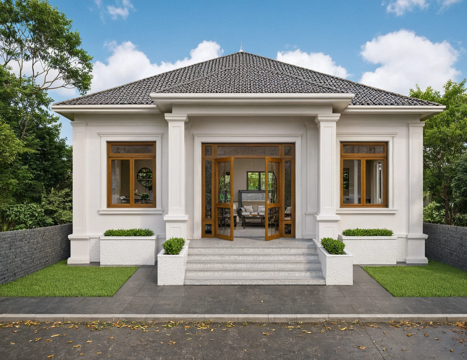 Raw photo,Masterpiece, high quality, best quality, authentic, super detail,
exterior, outdoors, house style indochine on the street ,aiaigroup
road,pavement, grass, trees, sky, cloud, (day:1.1)