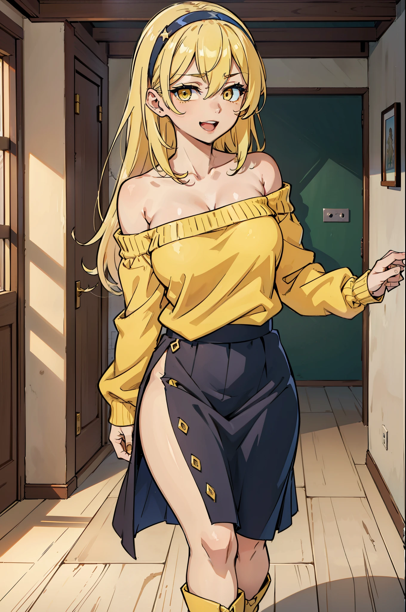 (アイスWallenstein, Wallenstein, blonde, Hair between the eyes, hair band, happy smile, smile, Open your mouth,Blonde,Long Hair, (Yellow Eyes:1.5),One-shoulder sweater,Long skirt,short boots,Walking,Daytime,Clear skies,whole bodyがイラストに入るように,　　　　　　　　　　　　　　　　　break looking at viewer, whole body,　　　　　　　　　　　break indoors,School,corridor,　　　　　　　　　　　　　　　 break (masterpiece:1.2), Highest quality, High resolution, unity 8k wallpaper, (shape:0.8), (Beautiful and beautiful eyes:1.6), Highly detailed face, Perfect lighting, Extremely detailed CG, (Perfect hands, Perfect Anatomy),