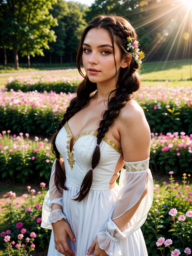 Portrait, Russian beauty, curvaceous figure, dark hair, thick long braid, folk Russian dress, neckline, against the background of a field of flowers, looks at the viewer, sunlight passes through the hair, depth of field, bokeh
