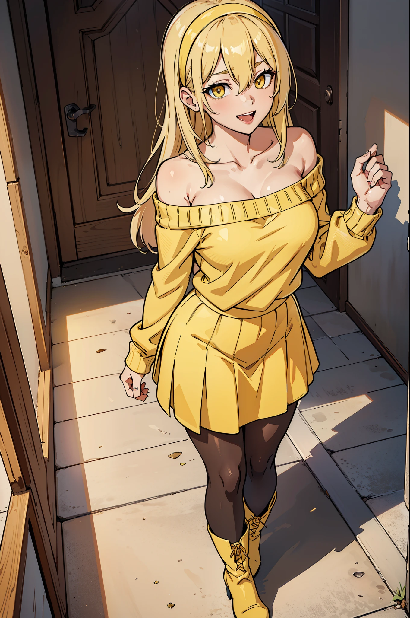 (アイスWallenstein, Wallenstein, blonde, Hair between the eyes, hair band, happy smile, smile, Open your mouth,Blonde,Long Hair, (Yellow Eyes:1.5),One-shoulder sweater,Long skirt,short boots,Walking,Daytime,Clear skies,whole bodyがイラストに入るように,　　　　　　　　　　　　　　　　　break looking at viewer, whole body,　　　　　　　　　　　break indoors,School,corridor,　　　　　　　　　　　　　　　 break (masterpiece:1.2), Highest quality, High resolution, unity 8k wallpaper, (shape:0.8), (Beautiful and beautiful eyes:1.6), Highly detailed face, Perfect lighting, Extremely detailed CG, (Perfect hands, Perfect Anatomy),