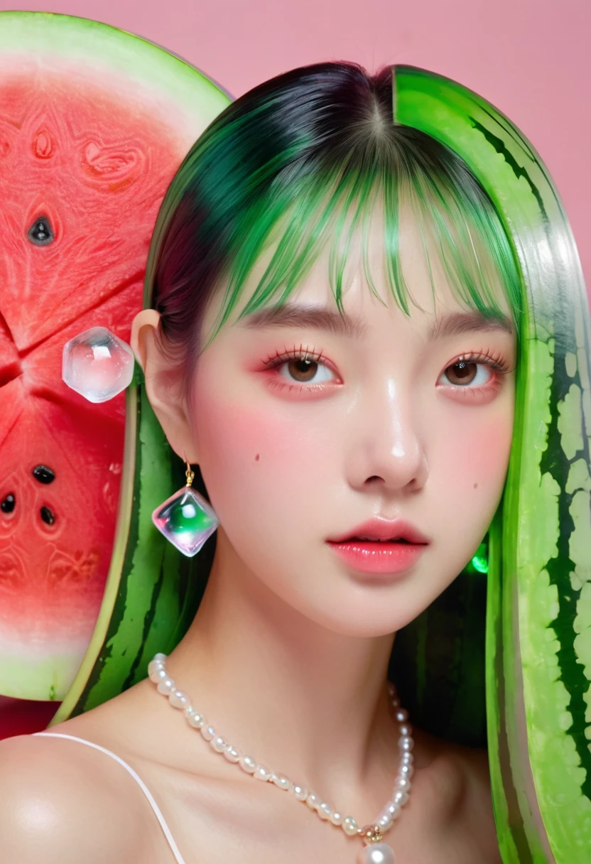 Summer Watermelon Girl,Dopamine teenage, Cool summer days,Chilled watermelon,Ice cubes,The watery girl,Delicate skin,Hydration,Shiny,Shiny,dream,Front view,bust,pearl