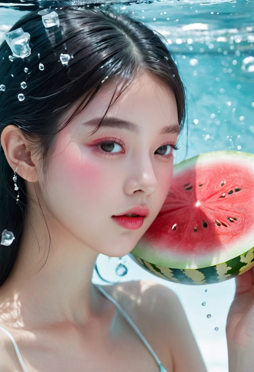 Summer Watermelon Girl，Dopamine teenage， Cool summer days，Chilled watermelon，Ice cubes，The watery girl，Delicate skin，Hydration，Shiny，Shiny，dream，Front view，bust，pearl