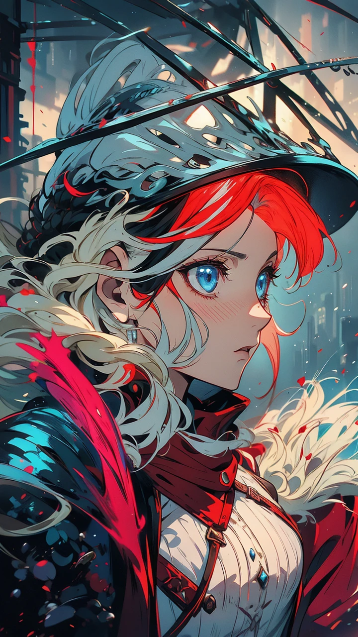 Young 20s handsome elf ,man, long red and white hair, wearing black wizard outfit, with serious face, blue eyes, character, anime, RPG, hand-drawn, high details, medieval city background