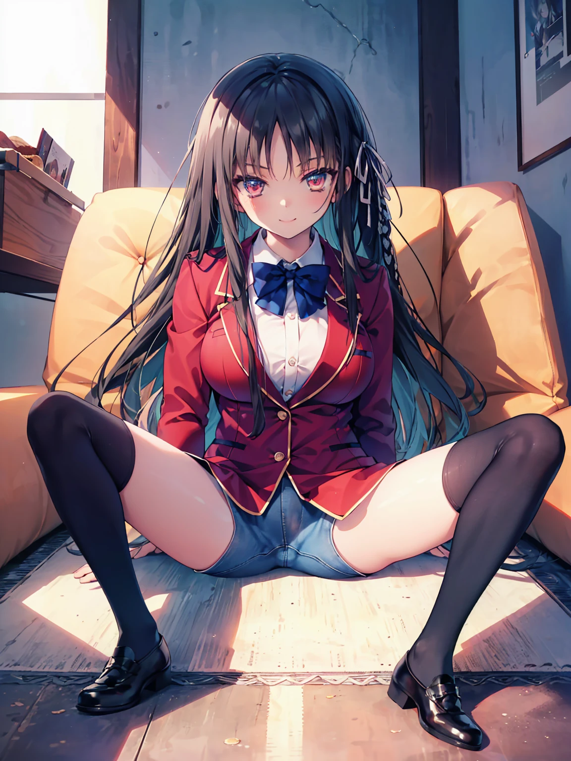 (8K, Highest quality, Highest quality, masterpiece), sit on the floor, (denim hot micro shorts), (vulva peek), big breasts, ((spread legs 1:2)), smile, (fullbody), aasuzune, long hair, black hair, (single braid:1.2), hair ribbon, red jacket, blazer, blue bowtie, long sleeves, black thighhighs