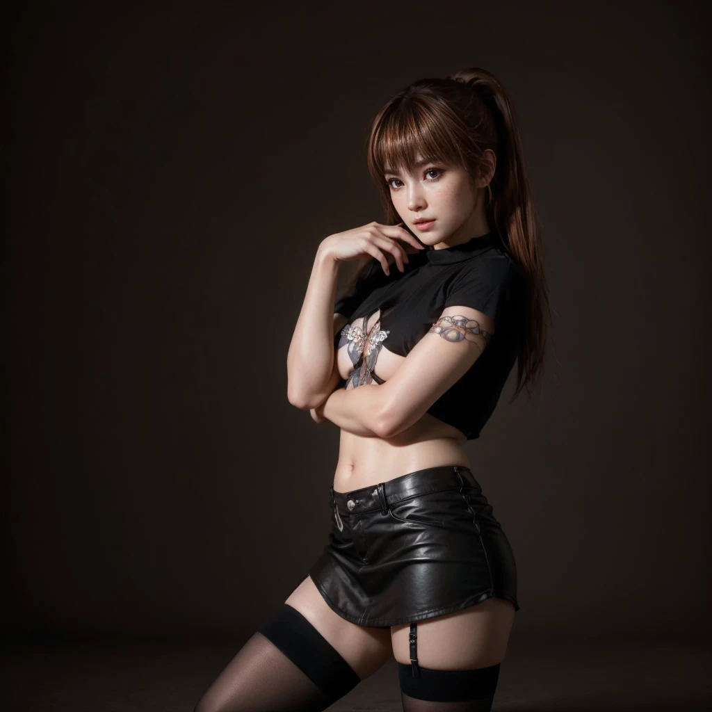 Kasumi, brown eyes, (best quality, ultra-detailed), (realistic:1.37), beautiful and detailed face, ultra-realistic texture, delicate face, delicate body, red lipstick, bright colors. High definition, 8K.