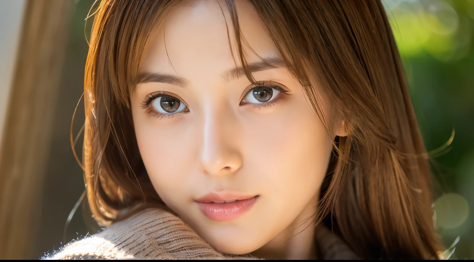 8K, top-quality, ​masterpiece, realisitic, Photorealsitic, ultra-detailliert, Natural sunlight, extremely detailed face and skin, A detailed eye, Highly detailed face-to-skin intermediate shots, Beautiful woman looking at camera, sexy  pose, Beautiful face, Realistic face, Detailed face, Beautiful hairstyle, Realistic eyes, Detailed eyes, Realistic skin, Detailed skin, Beautiful skin, Attractive, A hyper-realistic, Sexy cardigan, Gentle, Brown hair, cute Japanese girls, Full body