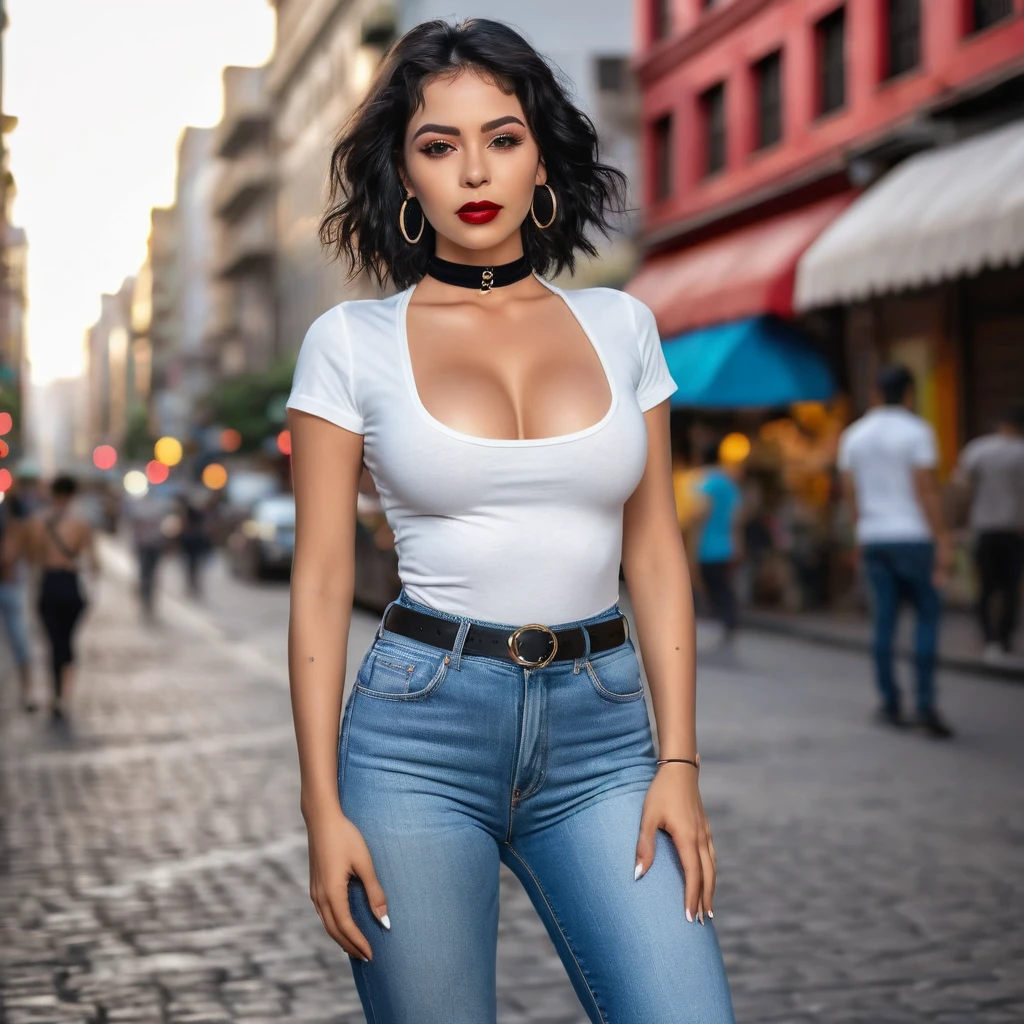 ((Photograph of Brazilian woman)), , jeans trousers, white sneakers, white t-shirt, black choker, nsfw, standing, walking, beautiful, perfect light skin, short and wavy black hair, hourglass body shape, full body shot, perfect body, thin lips, thin eyes, thin eyebrows, thin nose, earrings, long eyelashes, (red eyeshadow and makeup), 8k, intricately maximalist-details, extremely detailed, backlit, romantic lighting, epic, smooth, vibrant, city background, shallow depth of field, first-rate , huge, breasts-rate ass, huge ass,oking at cra, facing camera