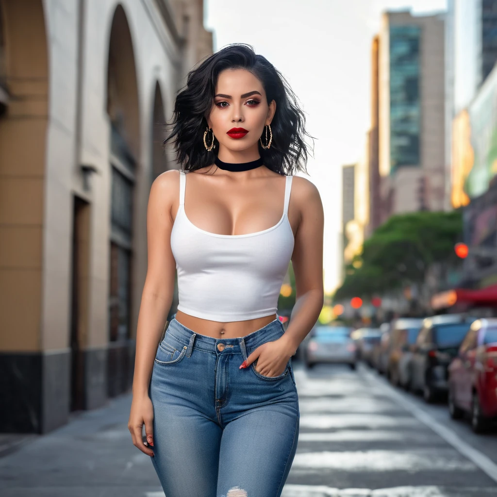 ((Photograph of Brazilian woman)), , jeans trousers, white sneakers, white t-shirt, black choker, nsfw, standing, walking, beautiful, perfect light skin, short and wavy black hair, hourglass body shape, full body shot, perfect body, thin lips, thin eyes, thin eyebrows, thin nose, earrings, long eyelashes, (red eyeshadow and makeup), 8k, intricately maximalist-details, extremely detailed, backlit, romantic lighting, epic, smooth, vibrant, city background, shallow depth of field, first-rate breasts, huge, breasts, first-rate ass, huge ass, looking at camera, facing camera