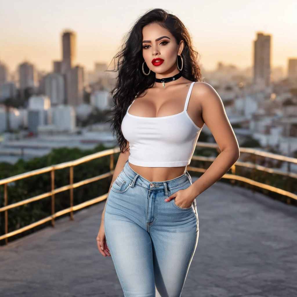 ((Photograph of Brazilian woman)), , jeans trousers, white sneakers, white t-shirt, black choker, nsfw, standing, walking, beautiful, perfect light skin, short and wavy black hair, hourglass body shape, full body shot, perfect body, thin lips, thin eyes, thin eyebrows, thin nose, earrings, long eyelashes, (red eyeshadow and makeup), 8k, intricately maximalist-details, extremely detailed, backlit, romantic lighting, epic, smooth, vibrant, city background, shallow depth of field, first-rate breasts, huge, breasts, first-rate ass, huge ass, looking at camera, facing camera