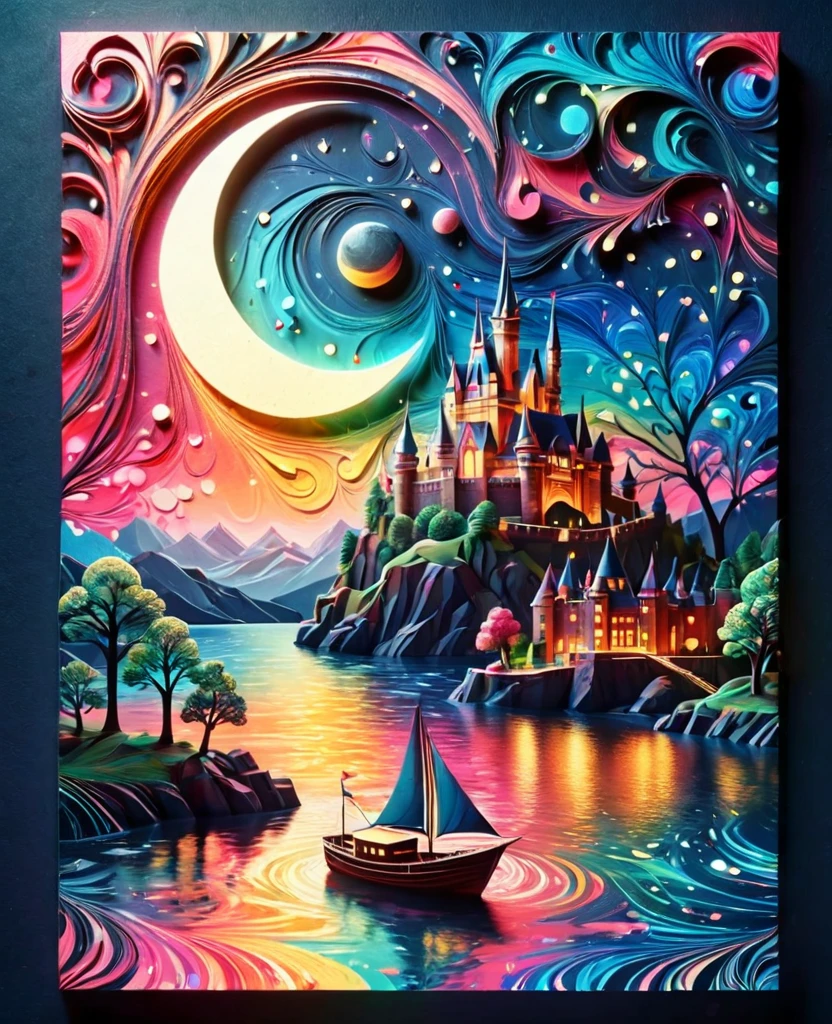 Paper cut art (((masterpiece))),best quality, illustration,  sky, cloud, water, star \(symbol\), tree, no humans, night, bird, moon, building, star \(sky\), night sky, scenery, starry sky, watercraft, castle, ship, waves, tower, boat. vibrant color scheme, Soft light,(warm color:1.2),Water color painting, light background, best quality exquisite details,3d rendering,Octane render, pastel, paper_cut