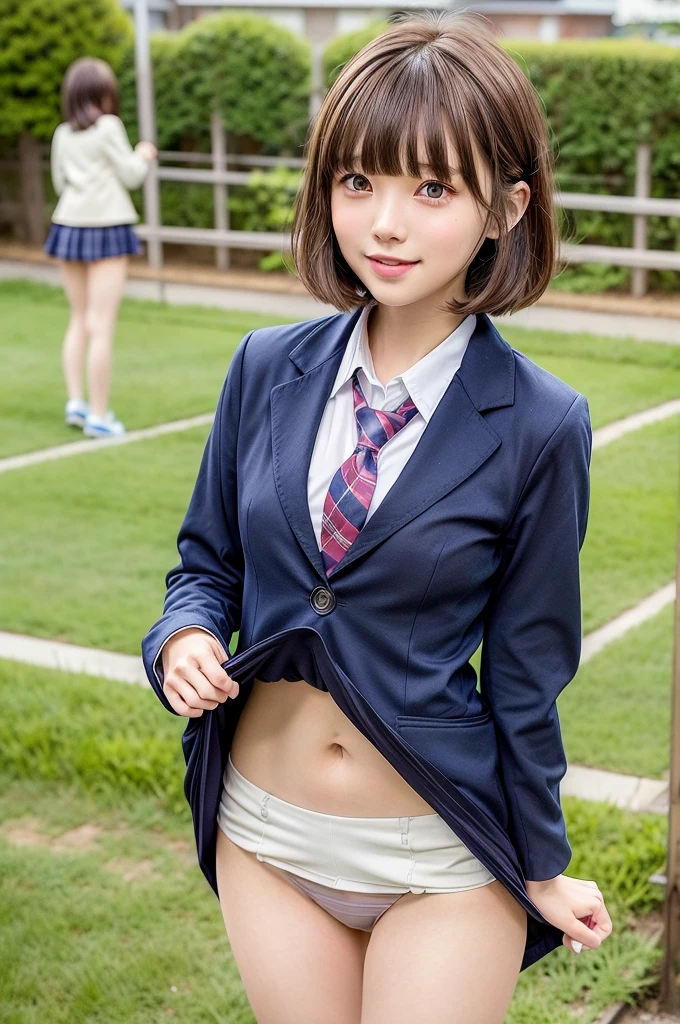 One Woman、((Standing wearing a blazer and miniskirt school uniform))、Primary school students,((small breasts)),Highest quality、Very delicate and beautiful、((Very short bangs))、((Bangs))、明るいつやのある茶色の髪のHighest quality、Very delicate and beautiful、((Very short bangs))、((blunt bangs))、Light shiny brown hair、The hair is light、((Short Bob))、Cute face、Young face、Cute like an idol、Are thin、Slim figure、slender、Short、 body type、((The background is the elementary school yard.))、Thighs、Shooting from the side、profile、The best smile、