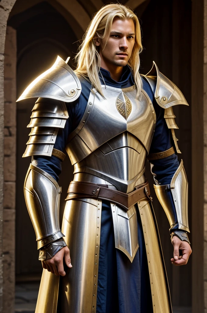 A tall warrior with light skin and blonde hair wearing paladin armor.
