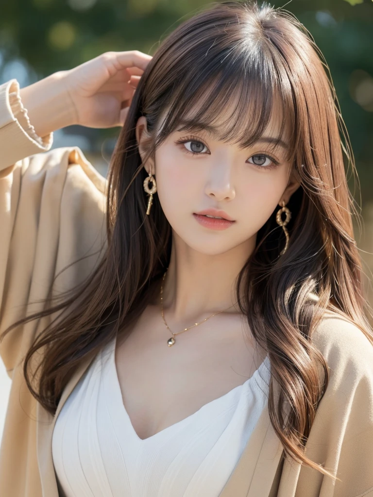 ((Highest quality, 8K, masterpiece:1.3)), concentrate: 1.2, Perfect body beauty: 1.4, Hips: 1.2, ((Long Hair, chest: 1.2)), (Dry clothes: 1.1) , (clear, Simple Background:1.3), Simple clothes: 1.1, Highly detailed face and skin texture,Delicate eyes, double eyelid, Whitened skin, Rough skin、Long Hair、Earrings with bangs、necklace、 solo、Beige coat、White shirt, (((Beautiful girl with cute Japan)))、 ((Beautiful Japanese girl 20 years old))、 ((Baby Face))、 (((Slender body)))、 Upper Body,Face focus、necklace,Simple Background,From above, Realistic Hair、 A photograph was taken:Canon EOS R6、135mm、1/1250 seconds、f2.8、ISO400、(Detailed explanation of the hand)、(Masseter muscle area)、(Exquisite CG)、Long Hair, loose and curly hair、Korean Hair、Long Hair明るいベージュ色、グラデーションハイライトグレージュのゆるふわLong Hairスタイル、
