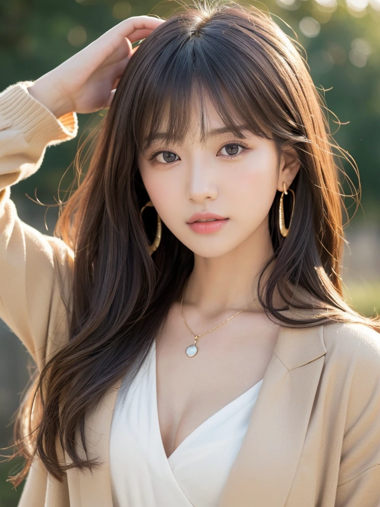 ((Highest quality, 8K, masterpiece:1.3)), concentrate: 1.2, Perfect body beauty: 1.4, Hips: 1.2, ((Long Hair, chest: 1.2)), (Dry clothes: 1.1) , (clear, Simple Background:1.3), Simple clothes: 1.1, Highly detailed face and skin texture,Delicate eyes, double eyelid, Whitened skin, Rough skin、Long Hair、Earrings with bangs、necklace、 solo、Beige coat、White shirt, (((Beautiful girl with cute Japan)))、 ((Beautiful Japanese girl 20 years old))、 ((Baby Face))、 (((Slender body)))、 Upper Body,Face focus、necklace,Simple Background,From above, Realistic Hair、 A photograph was taken:Canon EOS R6、135mm、1/1250 seconds、f2.8、ISO400、(Detailed explanation of the hand)、(Masseter muscle area)、(Exquisite CG)、Long Hair, loose and curly hair、Korean Hair、Long Hair明るいベージュ色、グラデーションハイライトグレージュのゆるふわLong Hairスタイル、