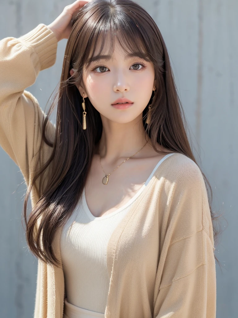  ((Highest quality, 8K, masterpiece:1.3)), concentrate: 1.2, Perfect body beauty: 1.4, Hips: 1.2, ((Long Hair, chest: 1.2)), (Dry clothes: 1.1) , (clear, Simple Background:1.3), Simple clothes: 1.1, Highly detailed face and skin texture,Delicate eyes, double eyelid, Whitened skin, Rough skin、Long Hair、Earrings with bangs、necklace、 solo、Beige coat、White shirt,  (((Beautiful girl with cute Japan)))、  ((Beautiful Japanese girl 20 years old))、 (())、 (((Slender body)))、  Upper Body，Face focus、necklace，Simple Background，From above， Realistic Hair、 A photograph was taken:Canon EOS R6、135mm、1/1250 seconds、f2.8、ISO400、(Detailed explanation of the hand)、(Masseter muscle area)、(Exquisite CG)、Long Hair, loose and curly hair、Korean Hair、Long Hair明るいベージュ色、グラデーションハイライトグレージュのゆるふわLong Hairスタイル、