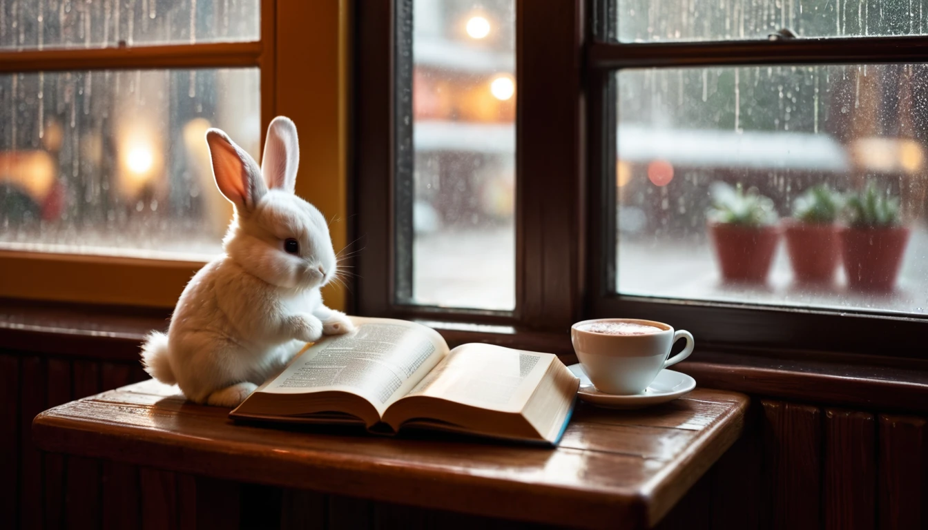 It's raining outside. A scene from a cafe with a warm atmosphere. An anthropomorphized rabbit is reading a book while drinking hot chocolate at a window seat. The warm light and calm expression are impressive.