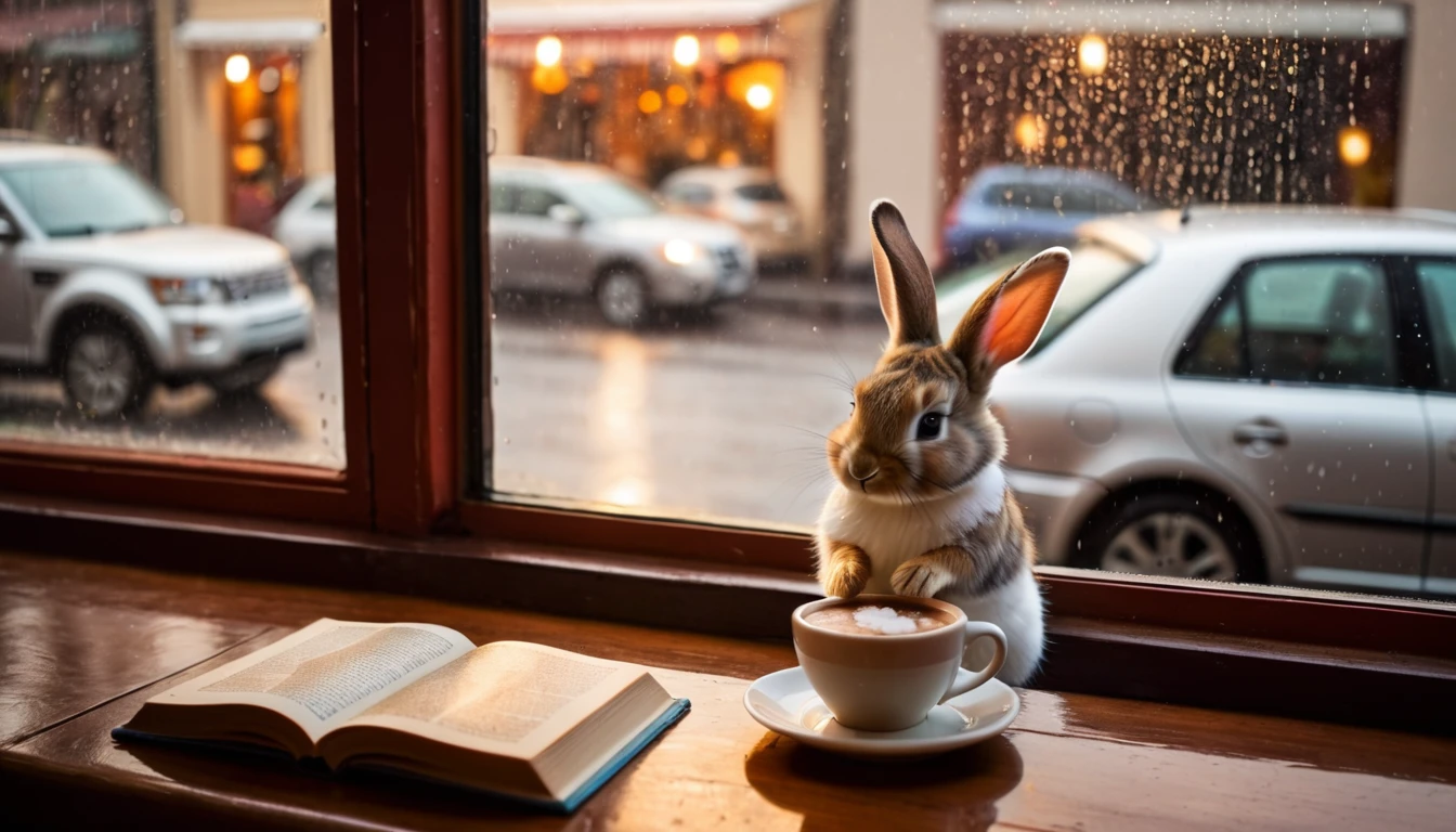 It's raining outside. A scene from a cafe with a warm atmosphere. An anthropomorphized baby rabbit is reading a book while drinking hot chocolate at a window seat. The warm light and calm expression are impressive.