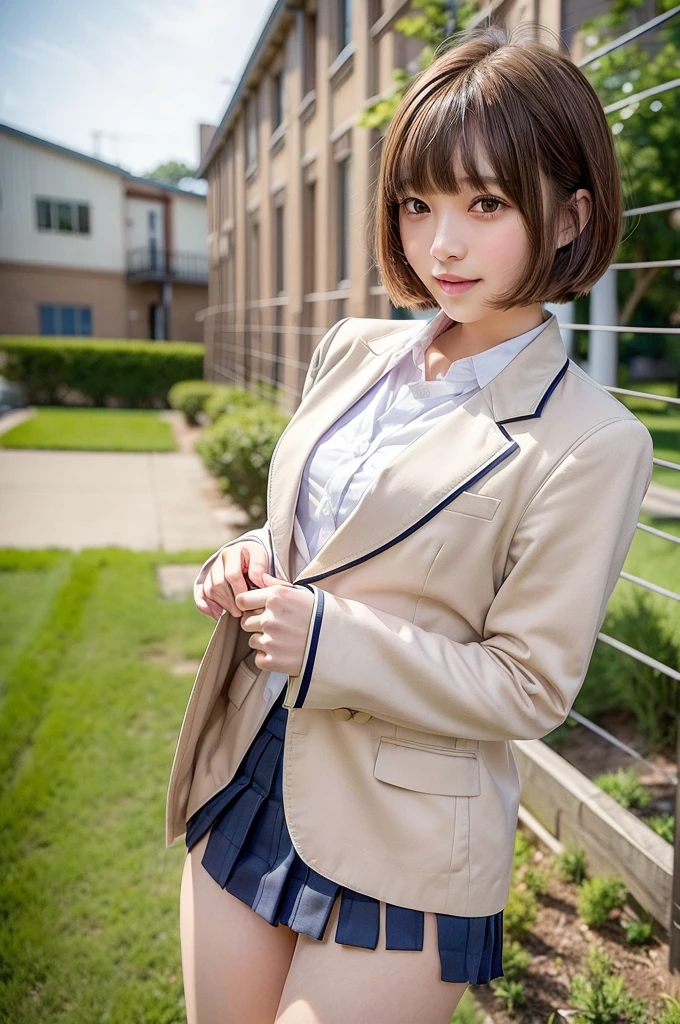 One Woman、((Standing wearing a blazer and miniskirt school uniform))、Primary school students,((small breasts)),Highest quality、Very delicate and beautiful、((Very short bangs))、((Bangs))、明るいつやのある茶色の髪のHighest quality、Very delicate and beautiful、((Very short bangs))、((blunt bangs))、Light shiny brown hair、The hair is light、((Short Bob))、Cute face、Young face、Cute like an idol、Are thin、Slim figure、slender、Short、 body type、((The background is the elementary school yard.))、Thighs、Shooting from the side、profile、The best smile、