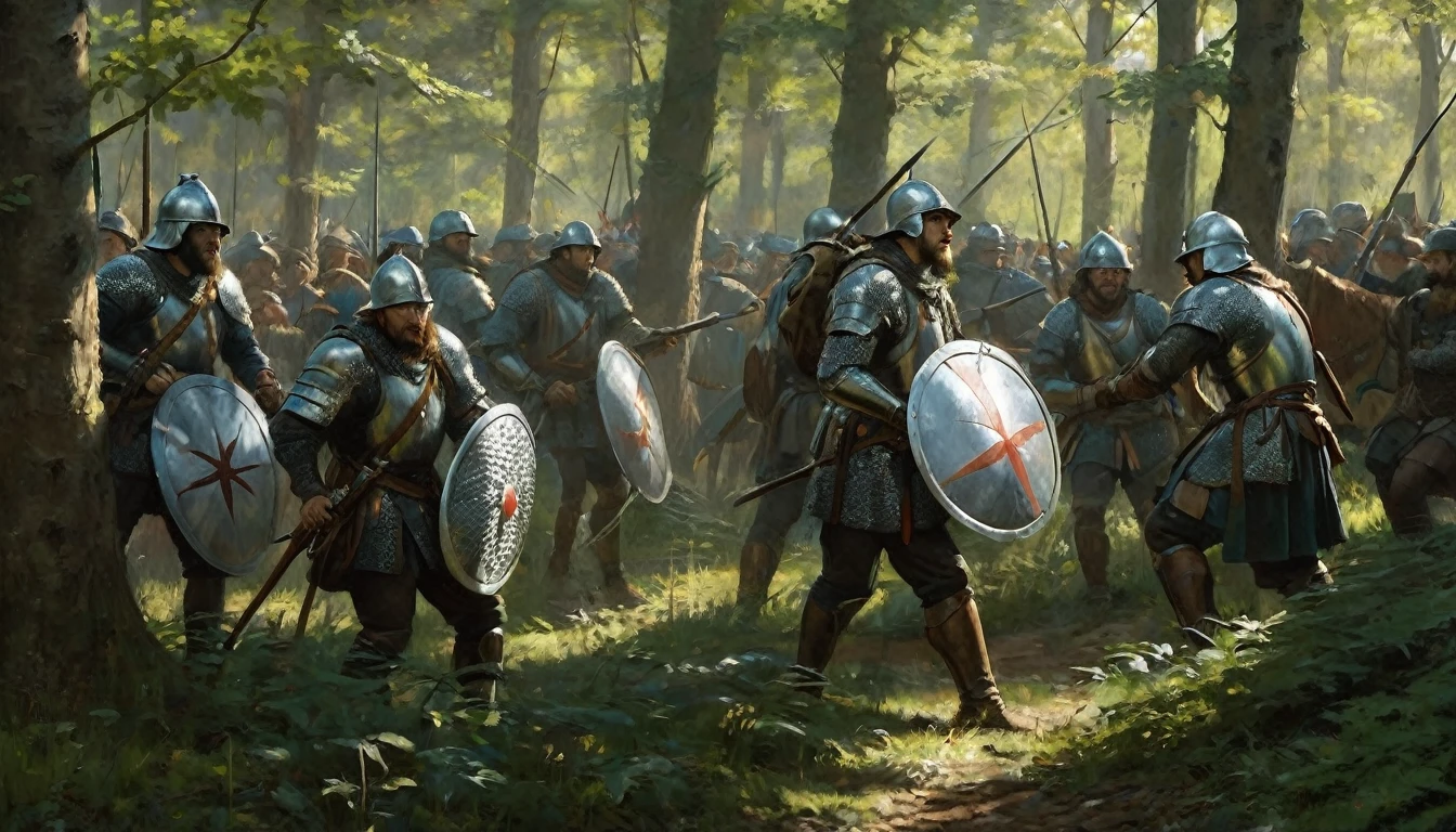 A group of medieval soldiers hiding in a forest carrying out an ambush, close-up. The image shows soldiers dressed in armor and chain mail, with helmets and shields decorated with emblems. They are crouched and hidden among the trees and dense vegetation, carefully observing their target. Sunlight filters through the foliage, creating shadows and highlighting the details of their armor. The soldiers' expressions are intense and focused, reflecting the tension of the moment. The leaves and branches of the forest add a touch of realism and camouflage, while the natural environment creates a dramatic contrast with the metalwork of the armor. The scene captures the anticipation and strategy of the ambush in a medieval setting., Hyperrealism, Impressionism, UHD, retina, masterpiece, accurate, anatomically correct, textured skin, super detail, award winning, 8k