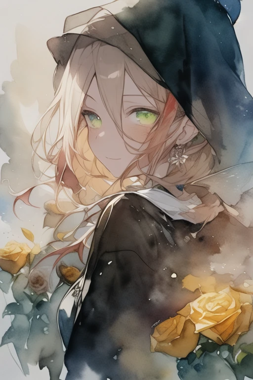 (Watercolor:1.2),1girl, Single, rose, sunrose,Freckles, painting, paper, Explosions, Signature, yellow rose, Brown hair, long hair, green eyes, Hair between the eyes, rose earrings, Hijab