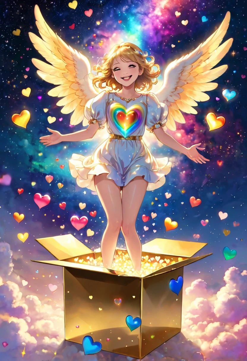 Smiling angel handing out hearts, colorful hearts overflowing from a golden box, Milky Way of golden light, sky, joy, universe, heaven, heart of rainbow light, joy, sharing, perfect face, perfect hands, perfection legs