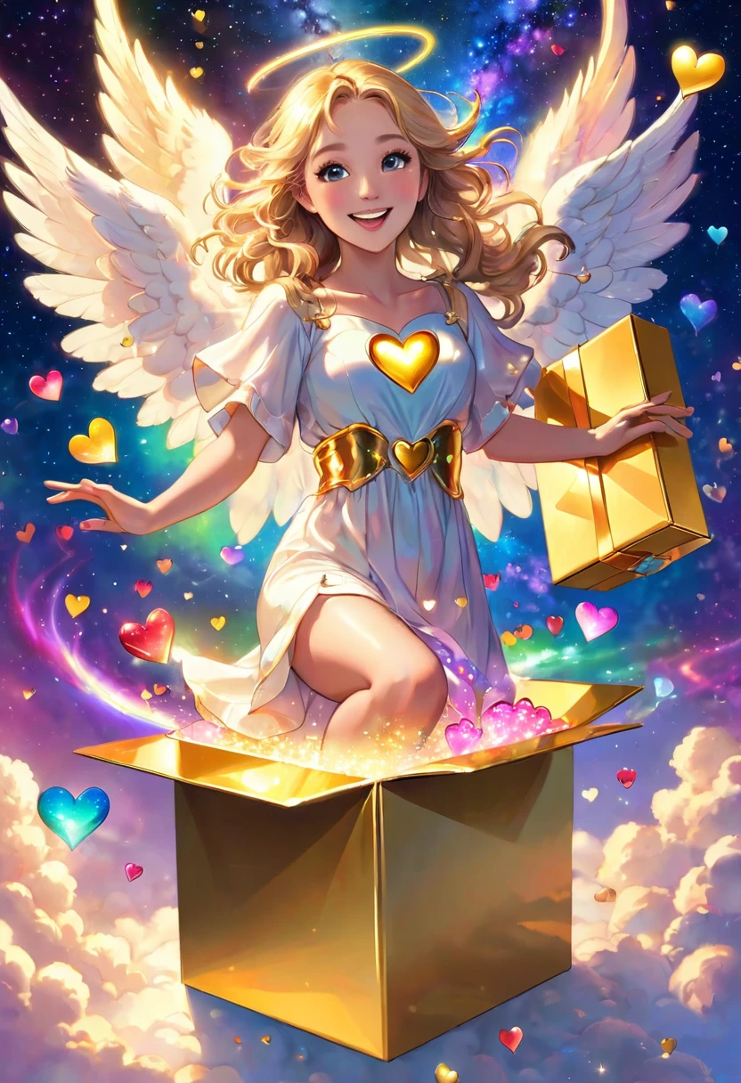 Smiling angel handing out hearts, colorful hearts overflowing from a golden box, Milky Way of golden light, sky, joy, universe, heaven, heart of rainbow light, joy, sharing, perfect face, perfect hands, perfection legs