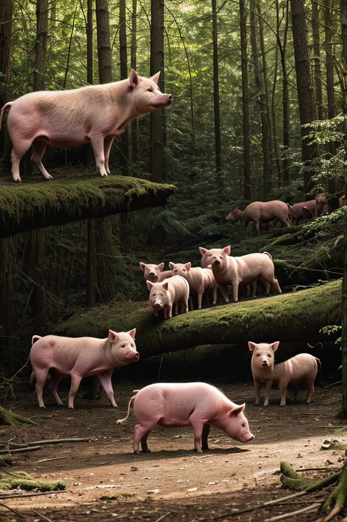 Pig lost in the forest and surrounded by wolves