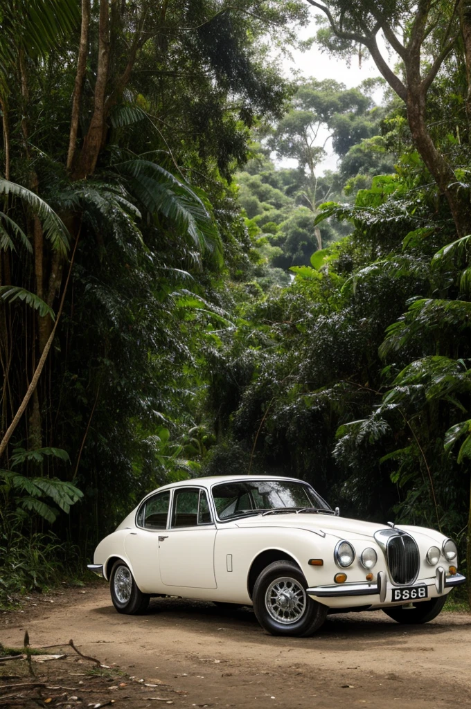 Classic white jaguar car With a jaguar animal in the jungle 

