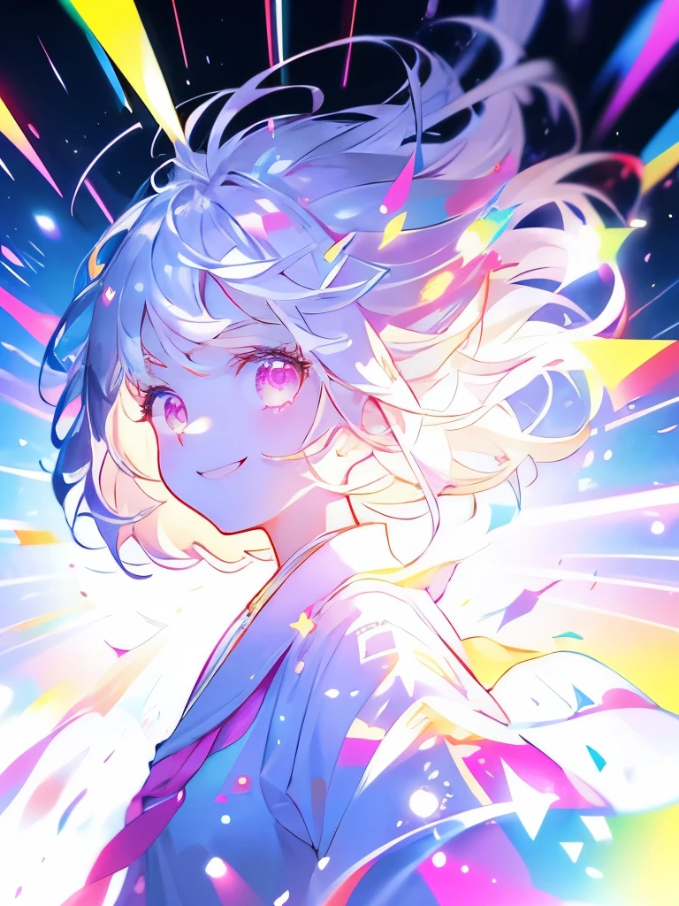 masterpiece、girl、White Hair、smile、Shining Background、Starry Ski、Rainbow colors