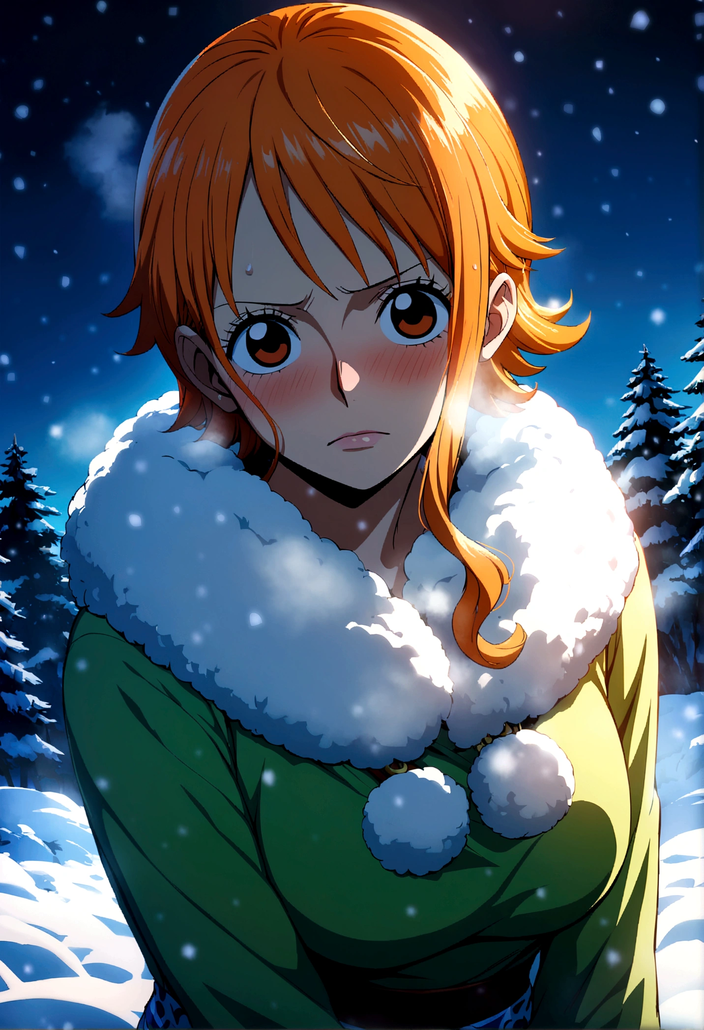 1 Girl, Nami, One Piece, Game CG, Solitary, Viewers, outdoor, night, snow, blush, breathe, avatar，Half Body，angle, masterpiece, best quality