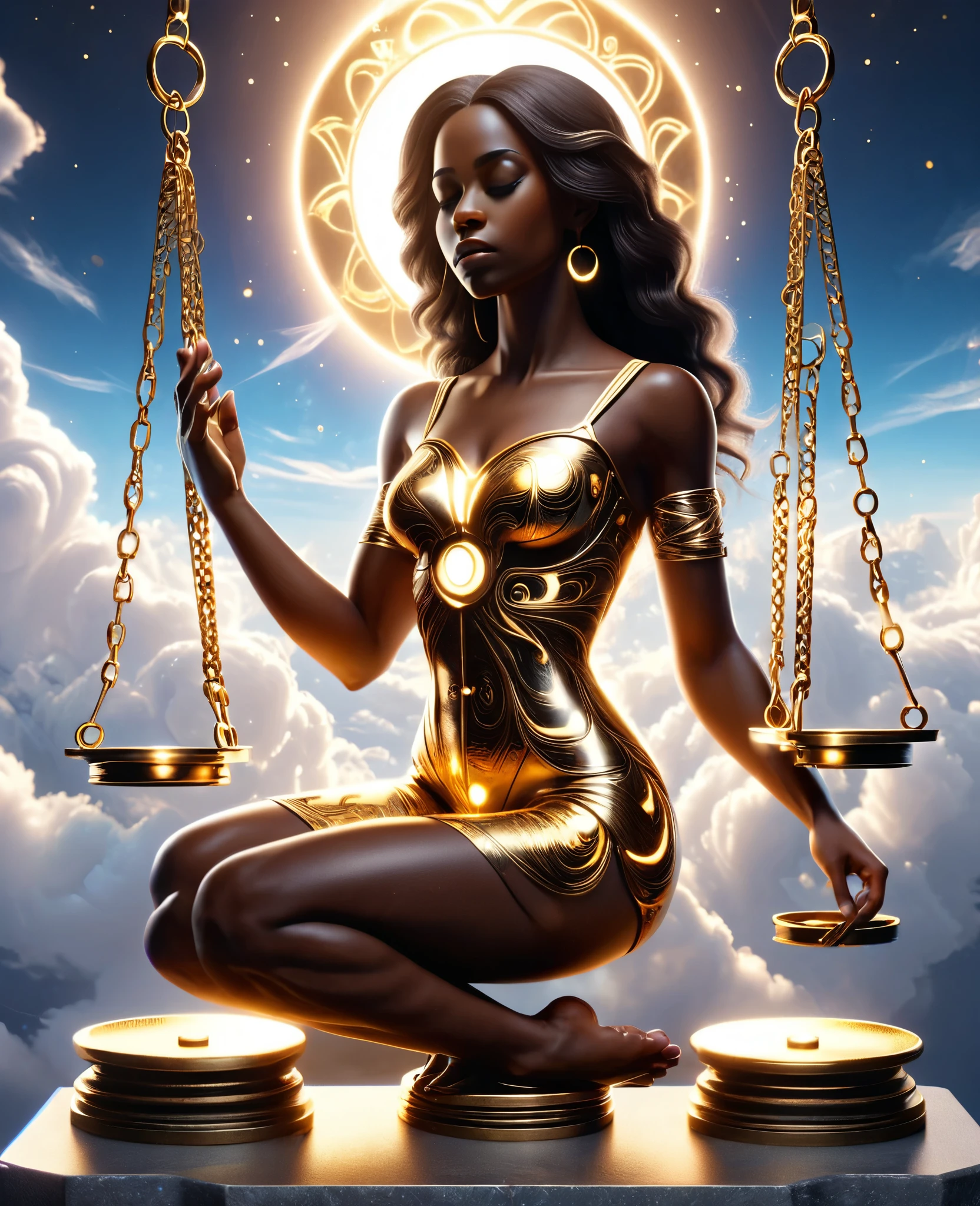 A glowing golden libra scale suspended in the sky among the clouds, with a black woman sitting in a meditation pose on the left scale of the libra scale and a mechanical heart sitting on the right scale of the libra scale, the weights imbalanced, a beautiful sunlight shining in the background providing a cinematic look, 32k, ultra HD. 