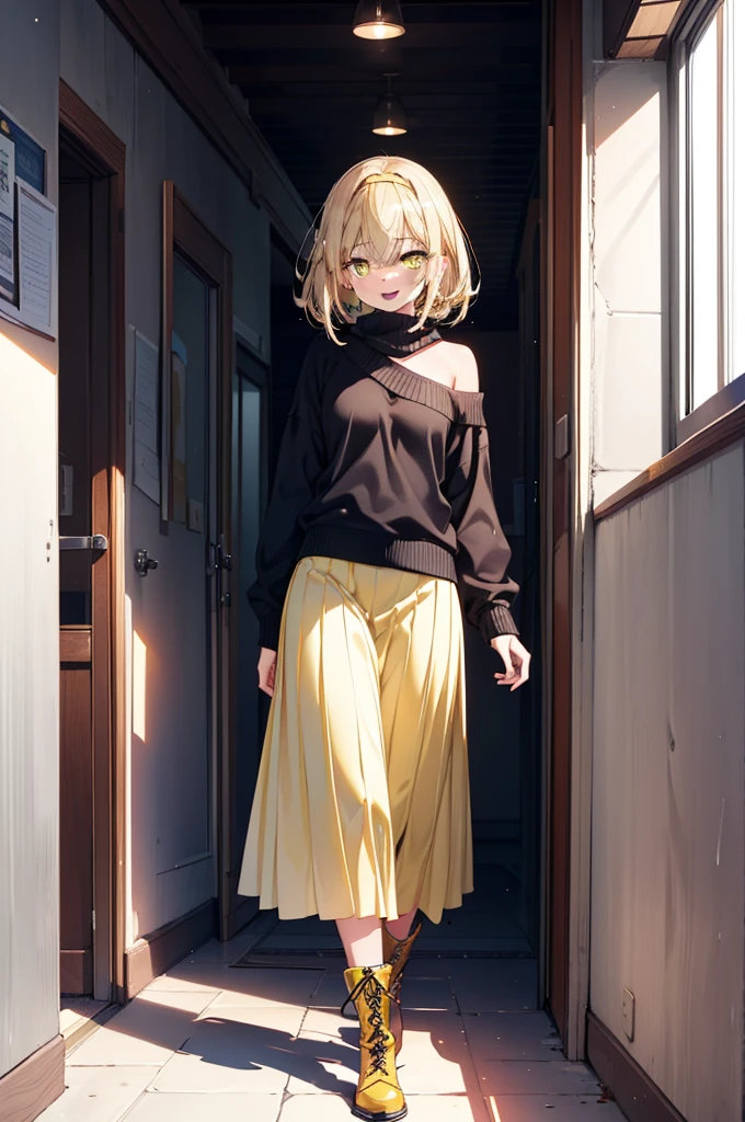 (アイスWallenstein, Wallenstein, blonde, Hair between the eyes, hair band, happy smile, smile, Open your mouth,Blonde,Long Hair, (Yellow Eyes:1.5),One-shoulder sweater,Long skirt,short boots,Walking,Daytime,Clear skies,whole bodyがイラストに入るように,　　　　　　　　　　　　　　　　　break looking at viewer, whole body,　　　　　　　　　　　break indoors,School,corridor,　　　　　　　　　　　　　　　 break (masterpiece:1.2), Highest quality, High resolution, unity 8k wallpaper, (shape:0.8), (Beautiful and beautiful eyes:1.6), Highly detailed face, Perfect lighting, Extremely detailed CG, (Perfect hands, Perfect Anatomy),