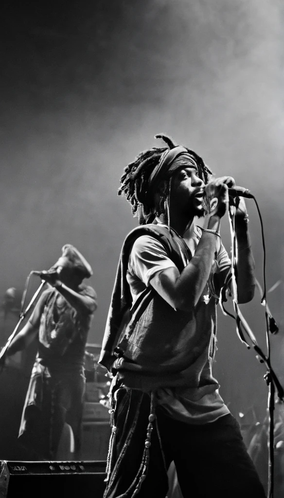 Three Jamaican Reggae band members are performing at a concert hall, crowded spectators. Rasta style. Dreadlocks. Bandana. Black and white with natural lighting. Thick fog. Dynamic angle