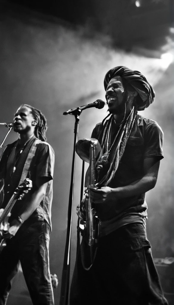 Three Jamaican Reggae band members are performing at a concert hall, crowded spectators. Rasta style. Dreadlocks. Bandana. Black and white with natural lighting. Thick fog. Dynamic angle