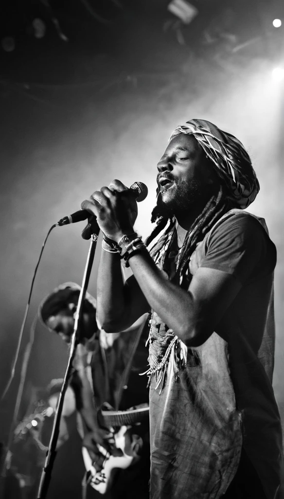 Three Jamaican Reggae band members are performing at a concert hall, crowded spectators. Rasta style. Dreadlocks. Bandana. Black and white with natural lighting. Thick fog. Dynamic angle