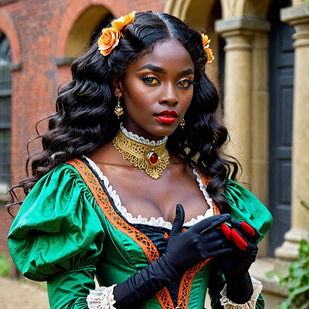 dark skin woman, with orange eyes, green and blue victorian era dress, with long wavy black hair, short black gloves on hands, a red ring on her finger, lips a little wide, golden hoops in her ears