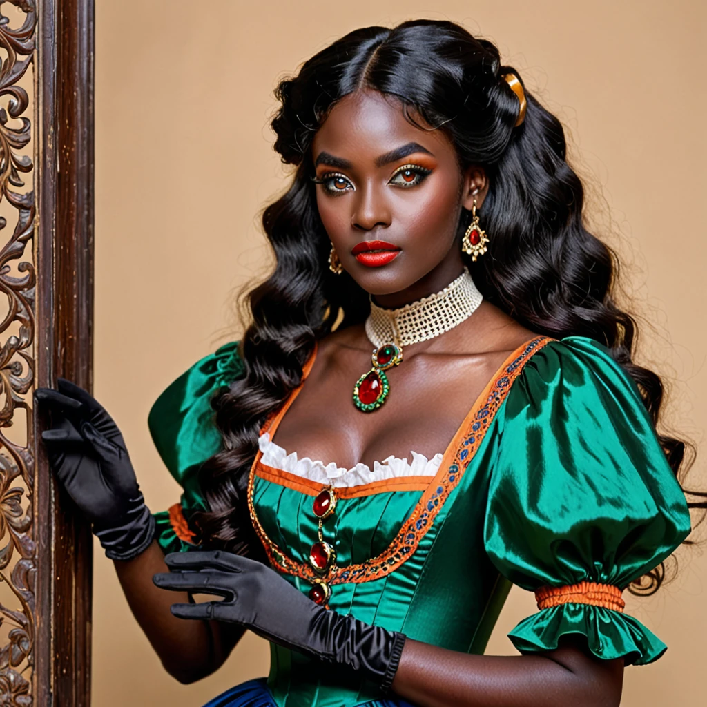 dark skin woman, with orange eyes, green and blue victorian era dress, with long wavy black hair, short black gloves on hands, a red ring on her finger, lips a little wide, golden hoops in her ears