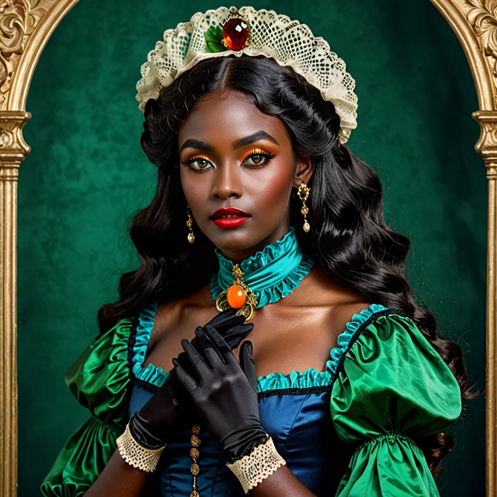 dark skin woman, with orange eyes, green and blue victorian era dress, with long wavy black hair, short black gloves on hands, a red ring on her finger, lips a little wide, golden hoops in her ears