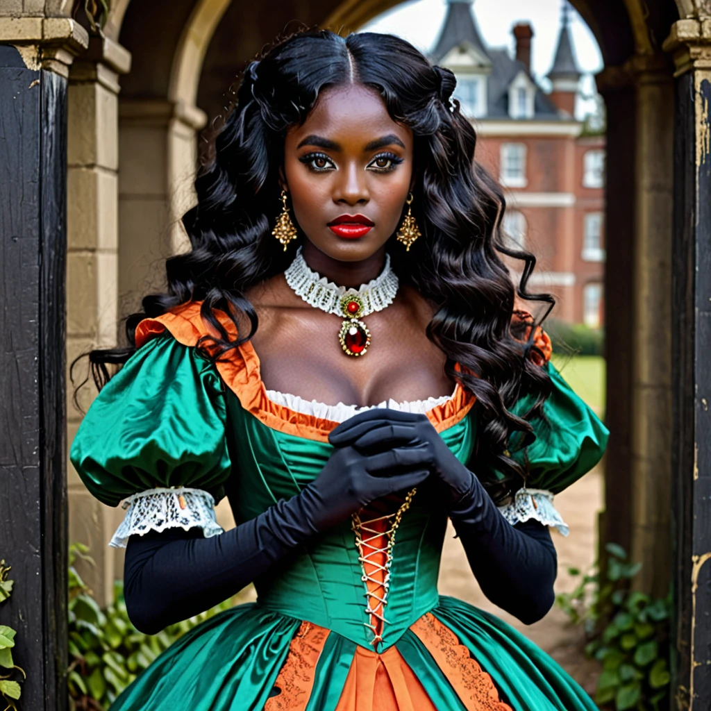 dark skin woman, with orange eyes, green and blue victorian era dress, with long wavy black hair, short black gloves on hands, a red ring on her finger, lips a little wide, golden hoops in her ears