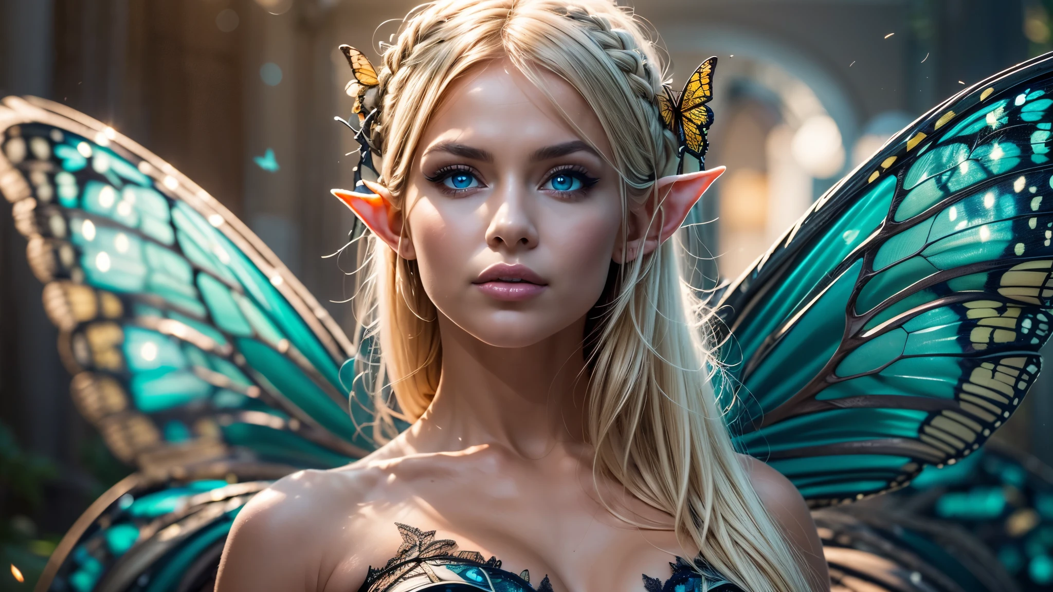 Beautiful, Amazing face and eyes, makeup, (extremely detailed beautiful face), Blonde, (sexiest look), (Beautiful breasts:1.3), (Best Quality:1.4), (Ultra-detailed), (extremely detailed CG unified 8k wallpaper), Highly detailed, RAW Photos, Professional Photography, (silk see through lace:1.3), full body, front view, one point perspective, sitting, (Spread your legs), (:1.4), plein air, Illumination, (Super fancy photos:1.4), (Dazzling light), Radiant Photography, depth of fields, (Glowing blue eyes), (realistic elf ear), (castle, fantasy setting), ((orbs)), massive butterfly wings, flowing butterfly wings,