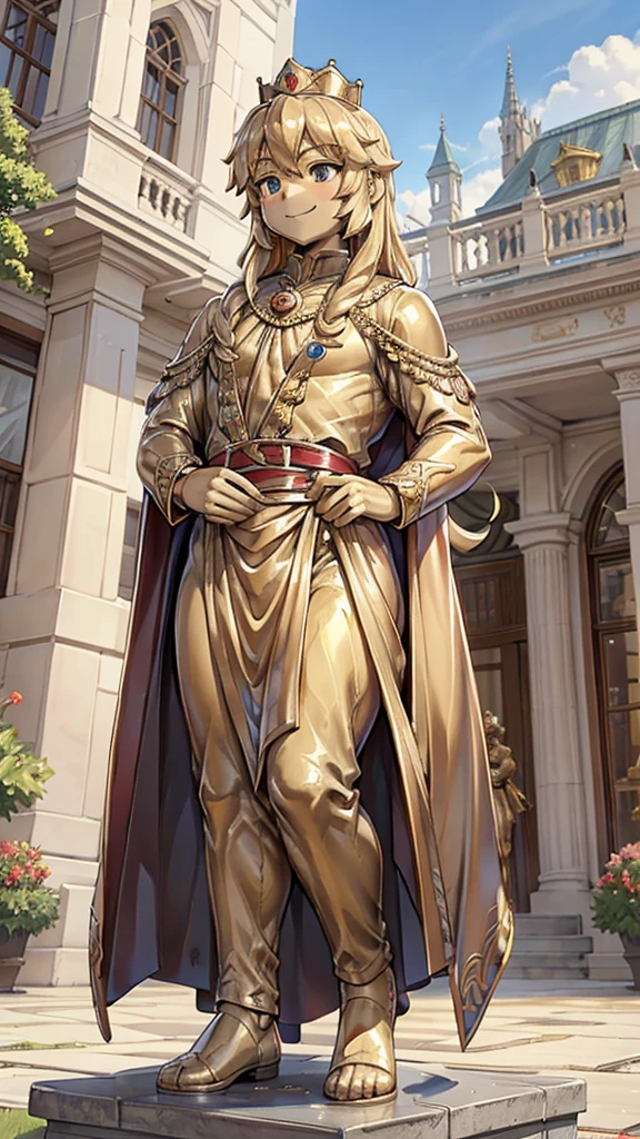 王子的Gold statue，Prince style，Prince costume，宫廷Dress，Gold statue，男孩的Gold statue，带着黄金冠冕的Gold statue，脚边停着一只燕子的Gold statue，Golden Boy Statue，Gold statue，Long hair，Dress，Dress，西式宫廷男士Dress，Cute boy，British style，Victorian style，crown，crown，Golden Boy Sculpture，Golden Boy Statue，Gold statue，Gold statue，Giant golden statue，Giant golden statue，Outdoor Background，Smiling statue，