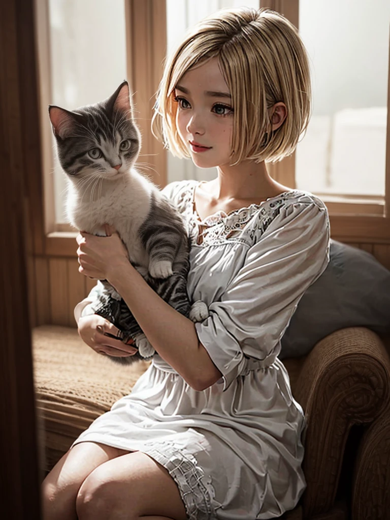 A beautiful girl short hair clean blonde with gray eyes, beautiful white dress, cute happy cat, affection, love, cozy atmosphere, natural light.