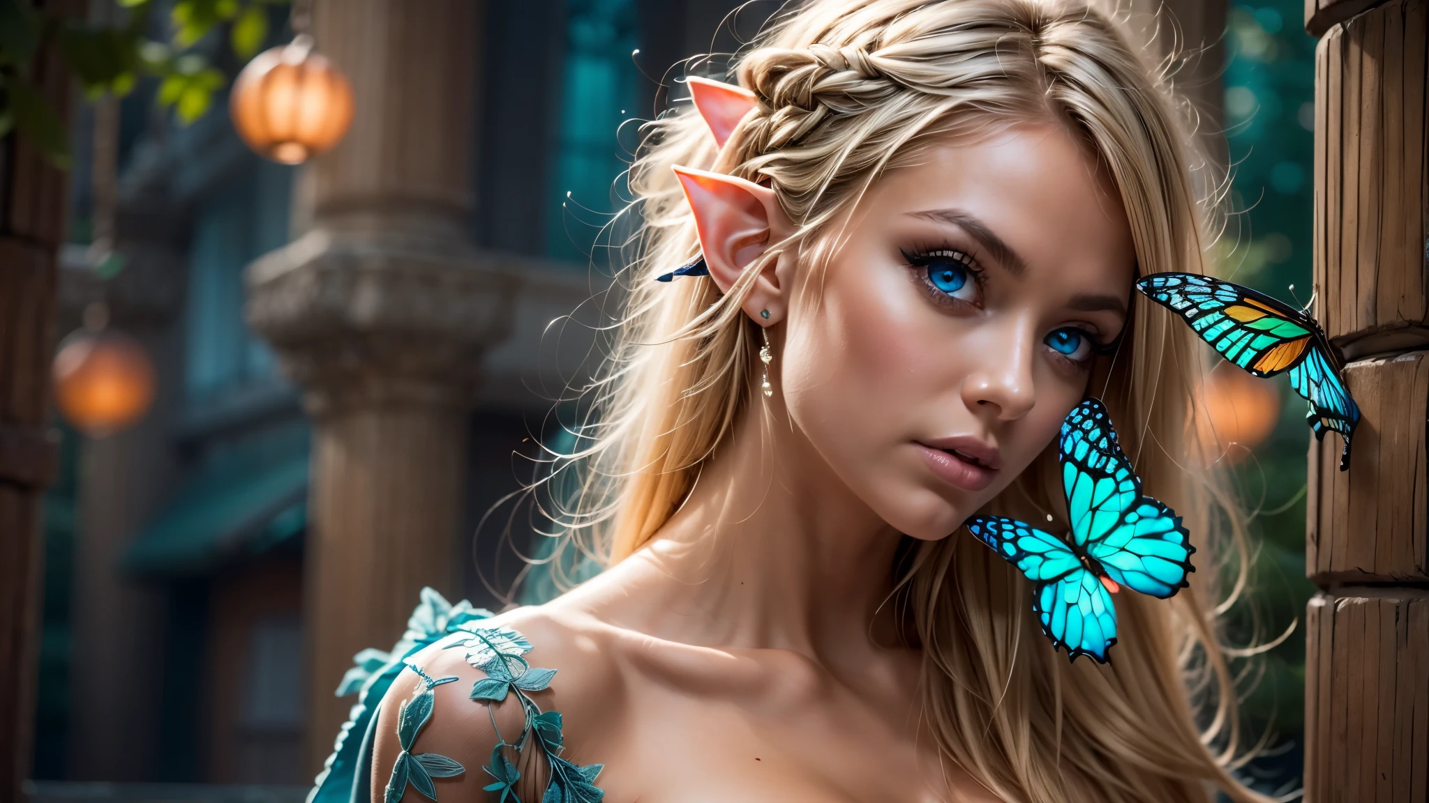 Beautiful, Amazing face and eyes, makeup, (extremely detailed beautiful face), Blonde, (sexiest look), (Beautiful breasts:1.3), (Best Quality:1.4), (Ultra-detailed), (extremely detailed CG unified 8k wallpaper), Highly detailed, RAW Photos, Professional Photography, (silk see through lace:1.3), full body, front view, one point perspective, sitting, (Spread your legs), (:1.4), plein air, Illumination, (Super fancy photos:1.4), (Dazzling light), Radiant Photography, depth of fields, (Glowing blue eyes), (realistic elf ear), (castle, fantasy setting), ((orbs)), massive butterfly wings, flowing butterfly wings,