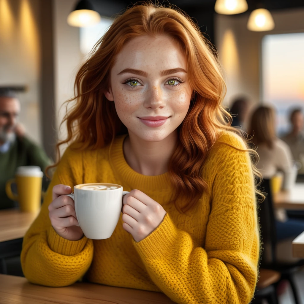 Cute beautiful ginger woman with freckles with yellow sweater (Drinking coffee in a modern café at sunset), muito detalhado, 19 years old, innocent face, naturally wavy hair, green eyes, high-res, ​masterpiece, best qulaity, Intricate detailing, muito detalhado, sharp focus, detailed skin, realistie Hauttextur, Textur, detailled eyes, professional, 4K, charming smile, taken with Canon, 85 mm, light depth of field, Kodak Vision Color, perfectly fitting body, extremely detail, photoshot_\(ultra\), fotorealisti, realisti, Post processing, maximum details, roughness, real life, ultrarealisti, photoshotrealismus, photoshotgrafie, 8K UHD, photoshotgrafie