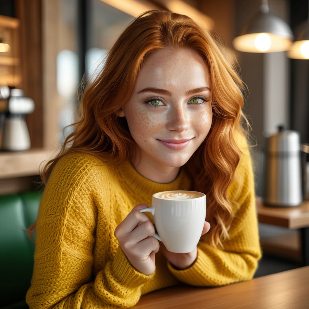 Cute beautiful ginger woman with freckles with yellow sweater (Drinking coffee in a modern café at sunset), muito detalhado, 19 years old, innocent face, naturally wavy hair, green eyes, high-res, ​masterpiece, best qulaity, Intricate detailing, muito detalhado, sharp focus, detailed skin, realistie Hauttextur, Textur, detailled eyes, professional, 4K, charming smile, taken with Canon, 85 mm, light depth of field, Kodak Vision Color, perfectly fitting body, extremely detail, photoshot_\(ultra\), fotorealisti, realisti, Post processing, maximum details, roughness, real life, ultrarealisti, photoshotrealismus, photoshotgrafie, 8K UHD, photoshotgrafie